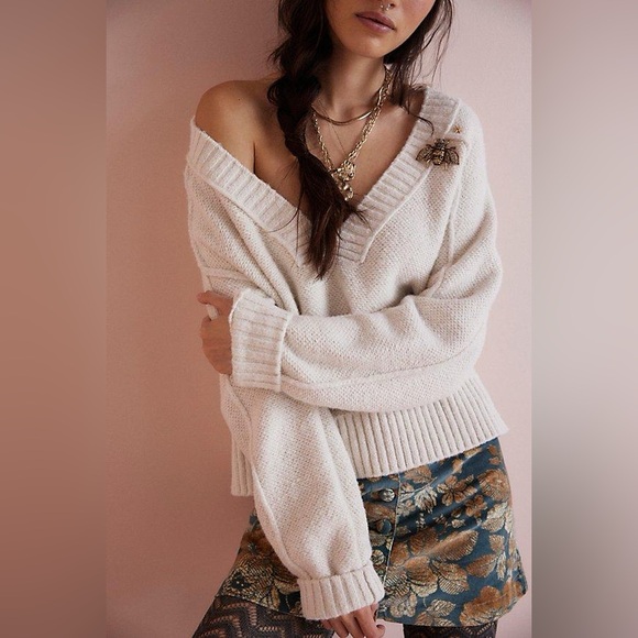 Free People Rae V-neck Sweater, ivory, size S - Picture 2 of 7